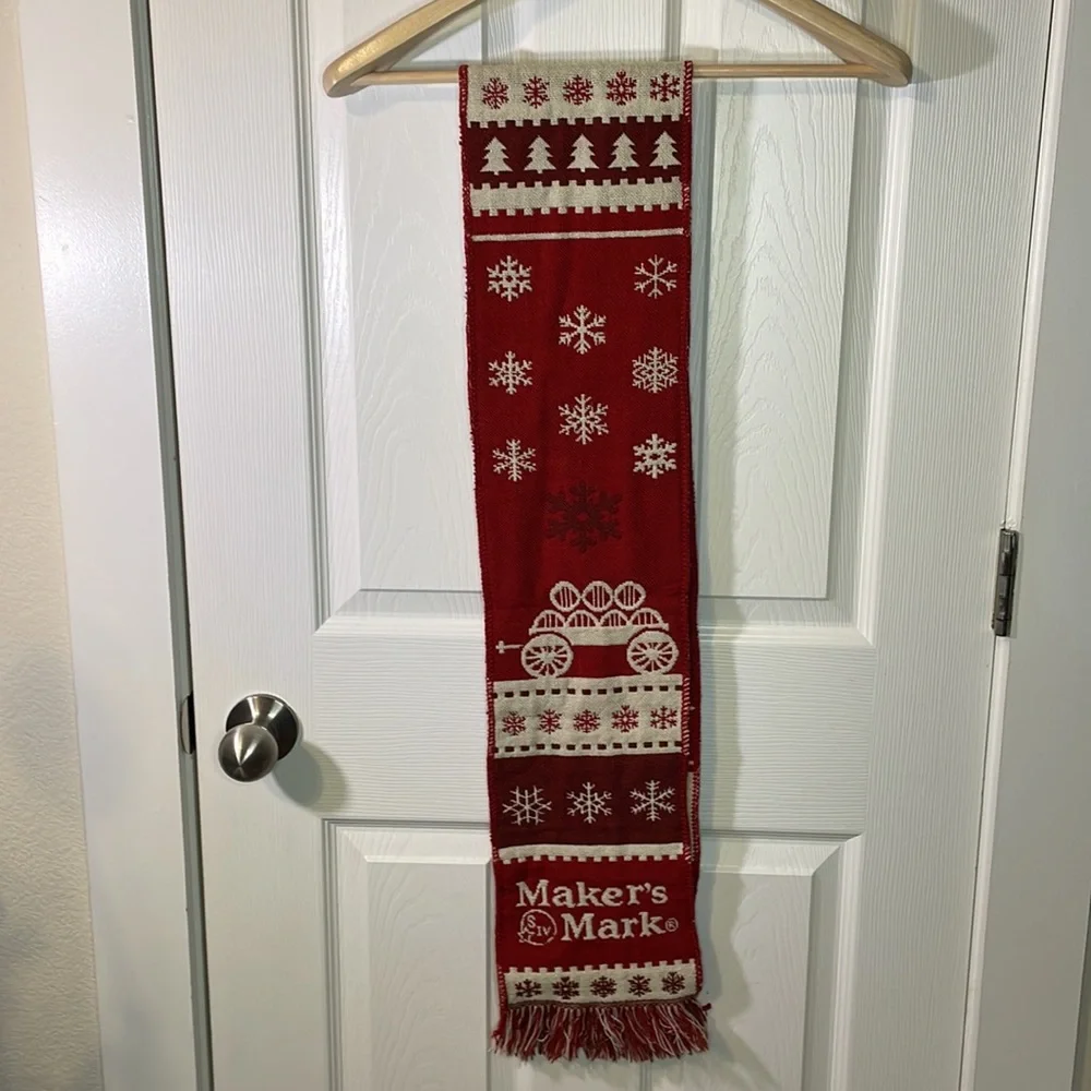Maker’s Mark red / ivory holiday scarf with snowflakes trees & fringe trim